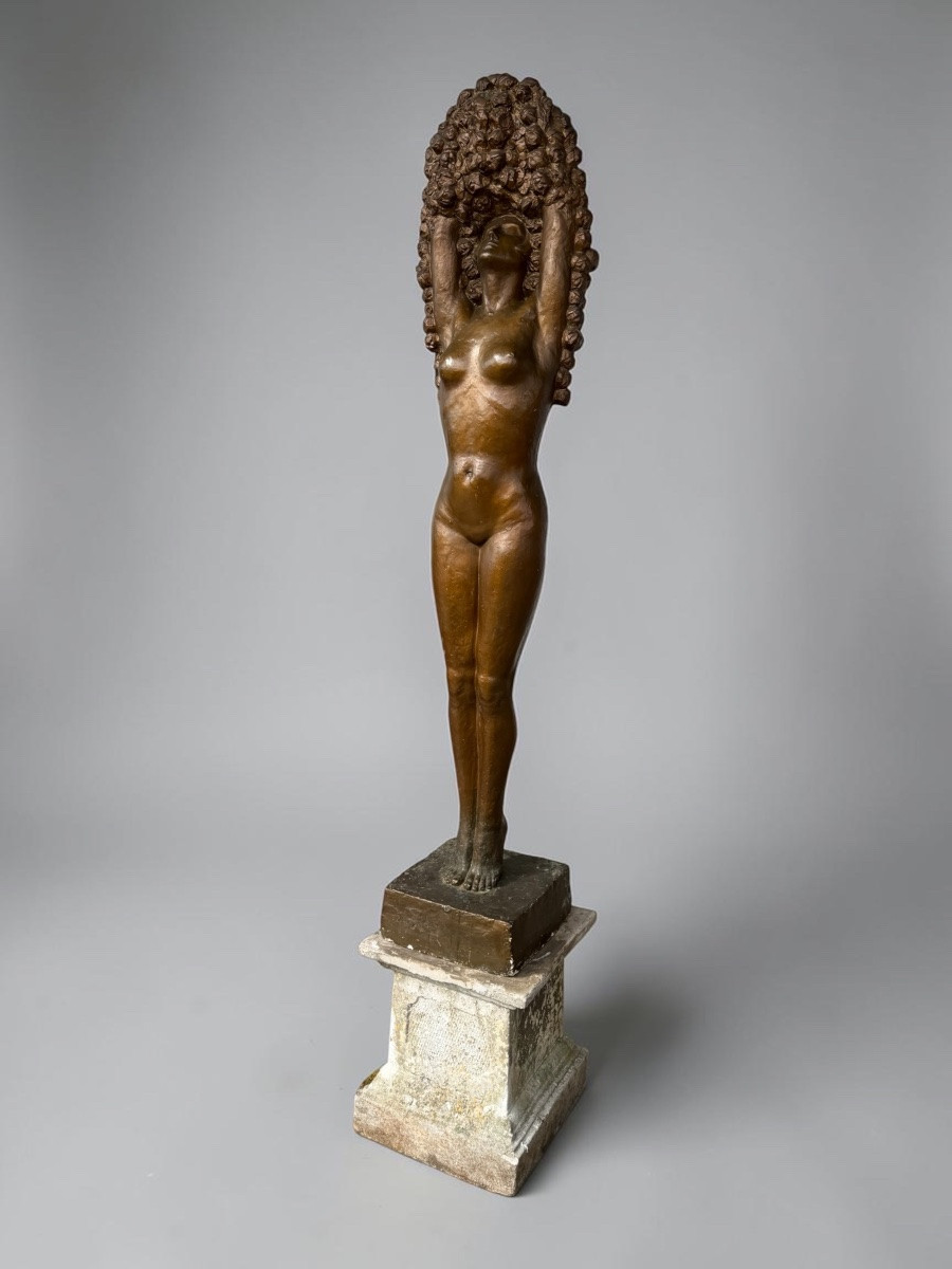 Large Art Deco Studio Plaster Sculpture - 190 Cm - Woman With Flowers Circa 1930-photo-2