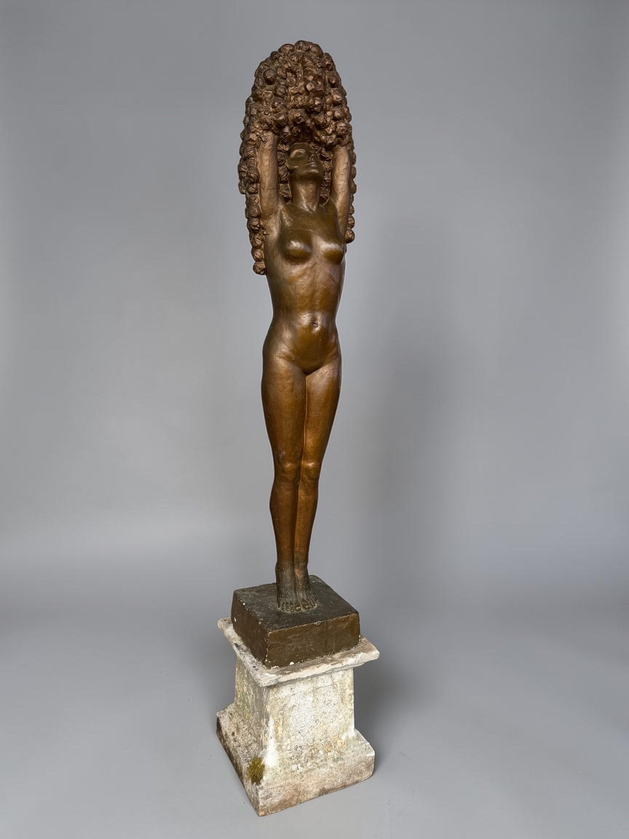 Large Art Deco Studio Plaster Sculpture - 190 Cm - Woman With Flowers Circa 1930-photo-3