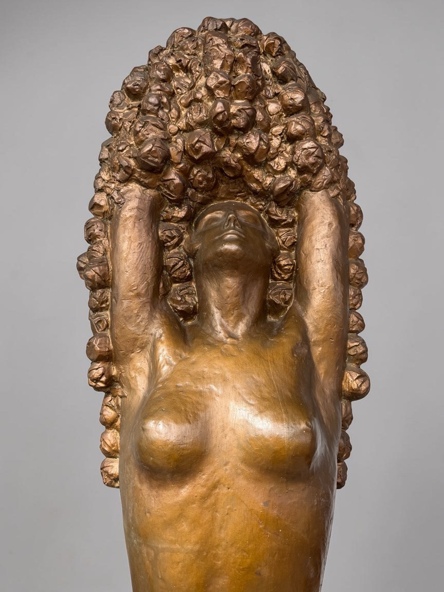 Large Art Deco Studio Plaster Sculpture - 190 Cm - Woman With Flowers Circa 1930-photo-2