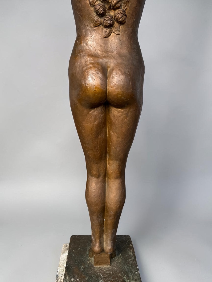 Large Art Deco Studio Plaster Sculpture - 190 Cm - Woman With Flowers Circa 1930-photo-4