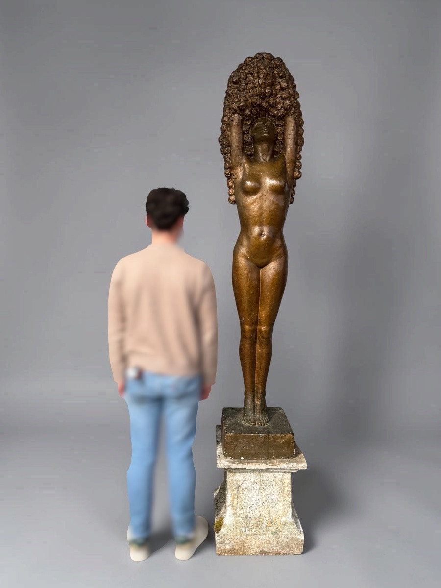 Large Art Deco Studio Plaster Sculpture - 190 Cm - Woman With Flowers Circa 1930-photo-7