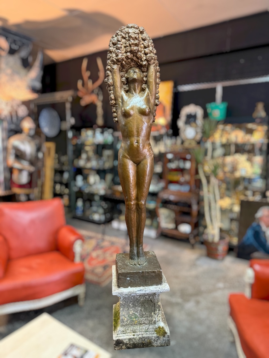 Large Art Deco Studio Plaster Sculpture - 190 Cm - Woman With Flowers Circa 1930-photo-8