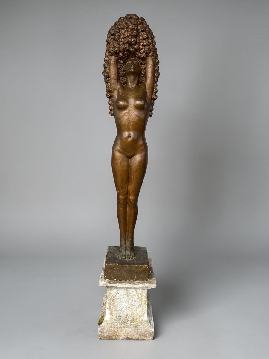 Large Art Deco Studio Plaster Sculpture - 190 Cm - Woman With Flowers Circa 1930
