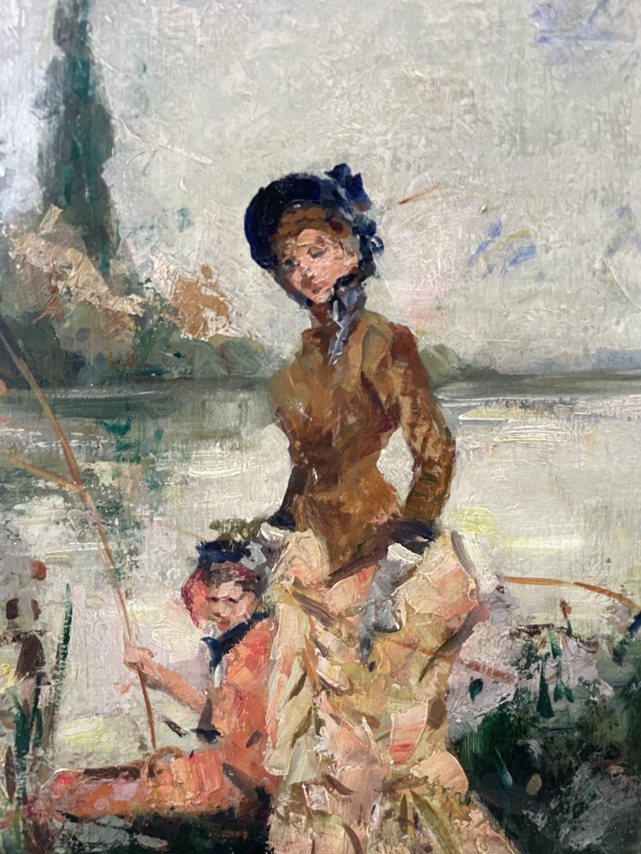 Elegant Women Fishing - Oil On Canvas Alessandro Lupo Impressionist-photo-2