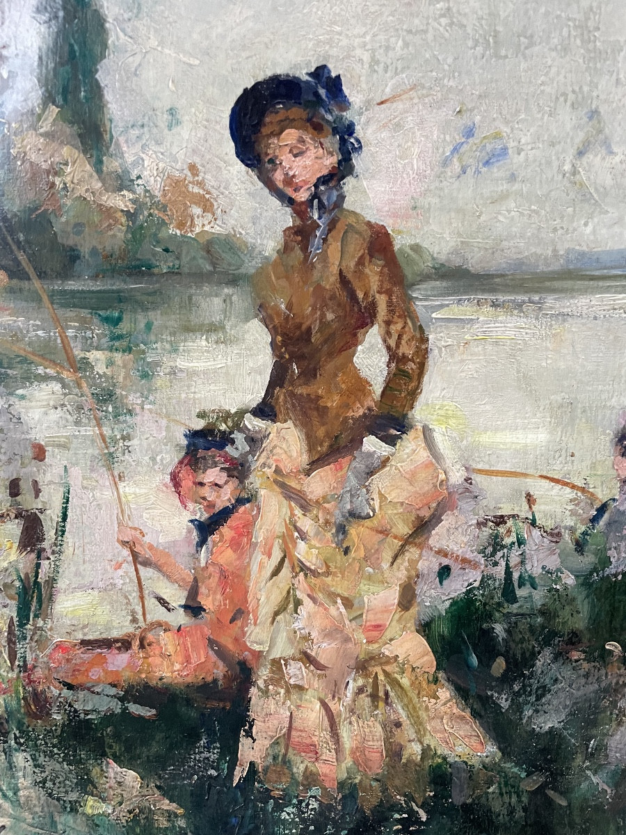 Elegant Women Fishing - Oil On Canvas Alessandro Lupo Impressionist-photo-5