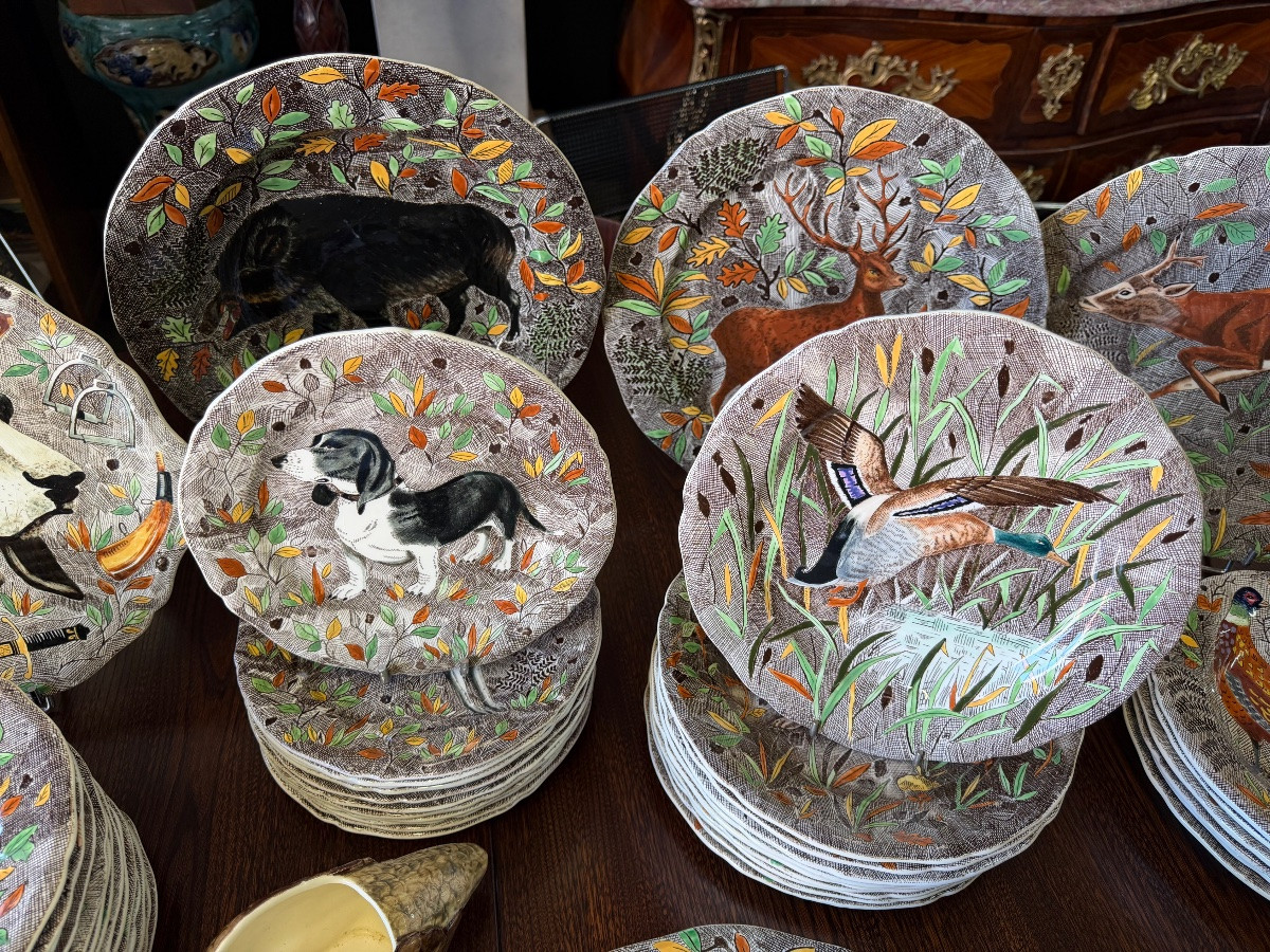 Gien - Rambouillet Model - Gien Earthenware Dinner Service With Hunting Décor 53 Pieces-photo-2