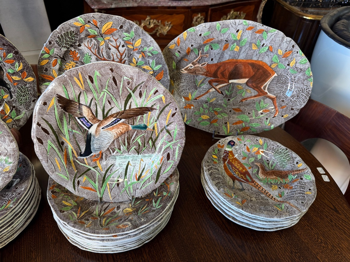 Gien - Rambouillet Model - Gien Earthenware Dinner Service With Hunting Décor 53 Pieces-photo-3
