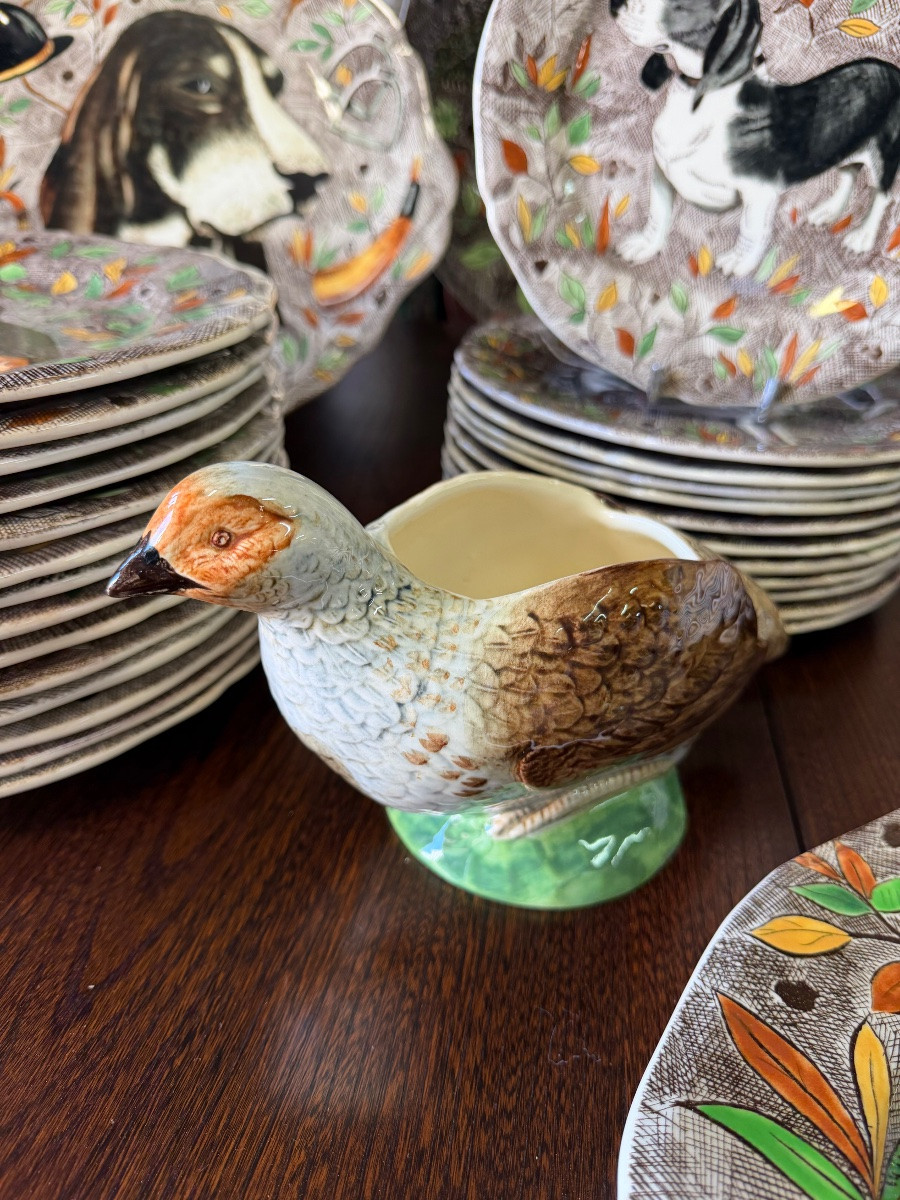 Gien - Rambouillet Model - Gien Earthenware Dinner Service With Hunting Décor 53 Pieces-photo-2
