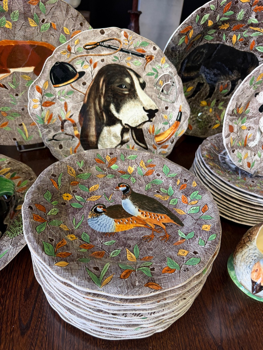 Gien - Rambouillet Model - Gien Earthenware Dinner Service With Hunting Décor 53 Pieces-photo-3