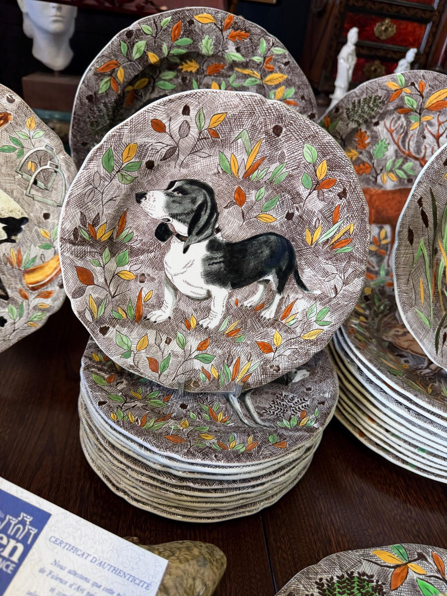 Gien - Rambouillet Model - Gien Earthenware Dinner Service With Hunting Décor 53 Pieces-photo-5