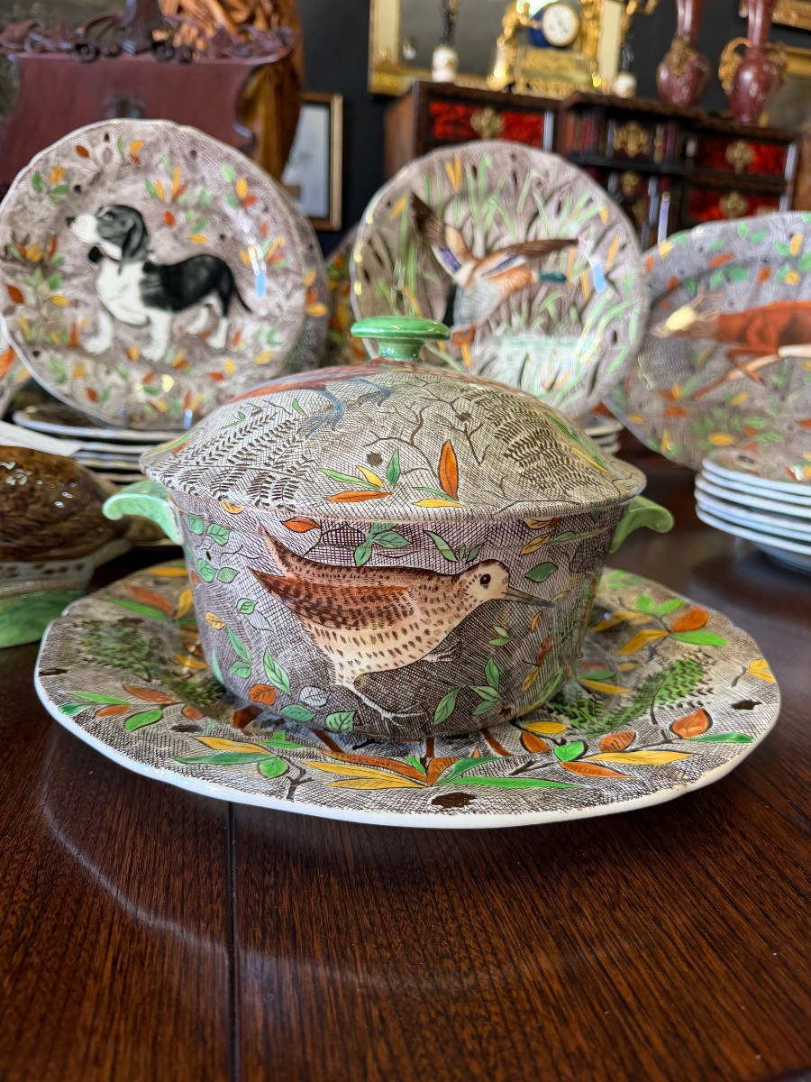 Gien - Rambouillet Model - Gien Earthenware Dinner Service With Hunting Décor 53 Pieces-photo-7