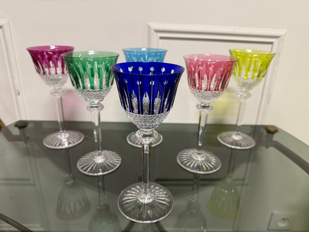 SAINT LOUIS - 6 VERRES ROEMERS EN CRISTAL DE COULEUR SAINT LOUIS MODÈLE TOMMY H: 19,6