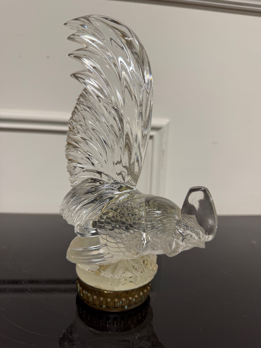 René Lalique - Dwarf Rooster, White Glass, Circa 1928, Car Mascot -photo-1