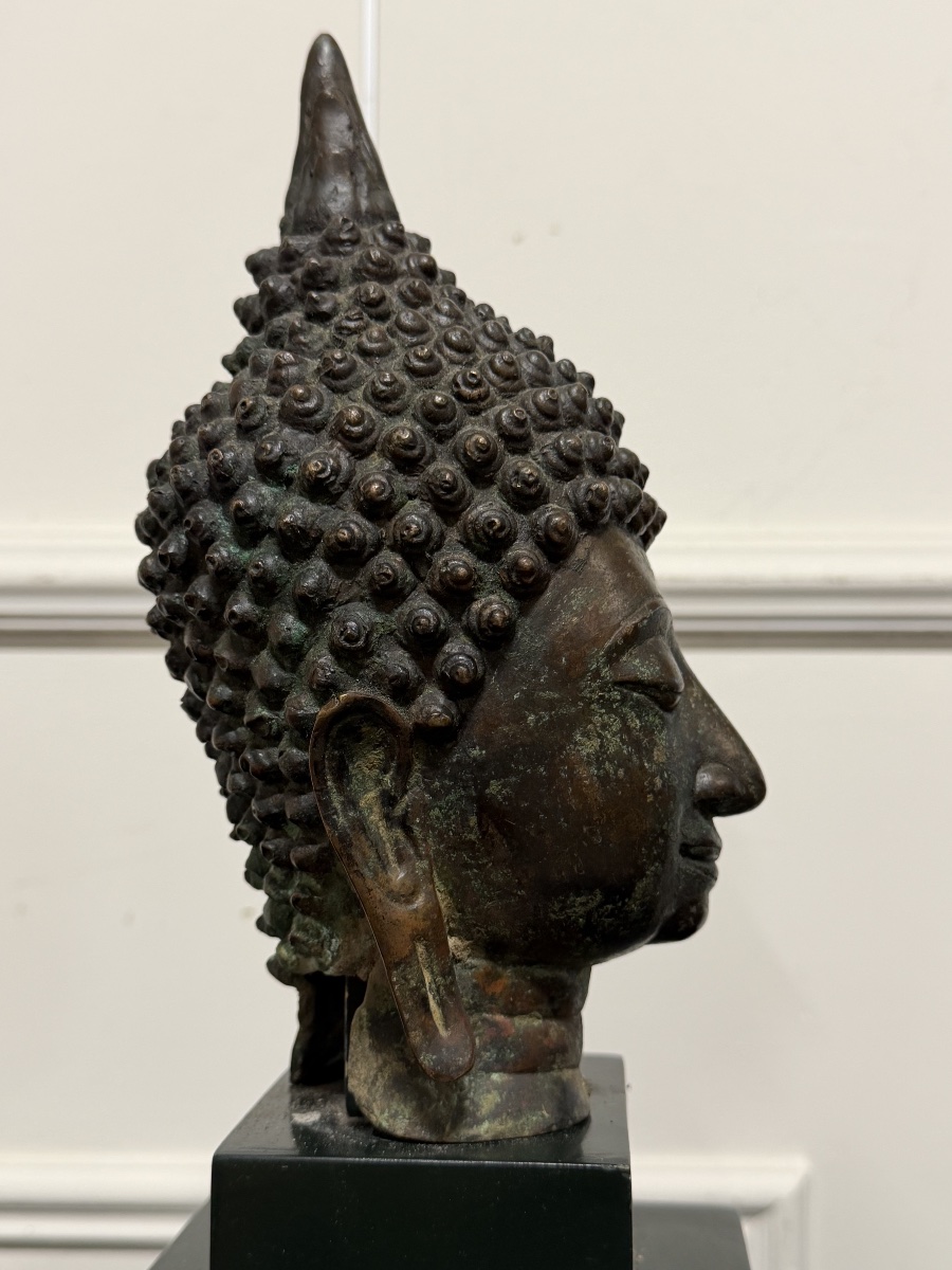 Bronze Buddha Head, Thailand, Sukhothai, 20th Century-photo-3