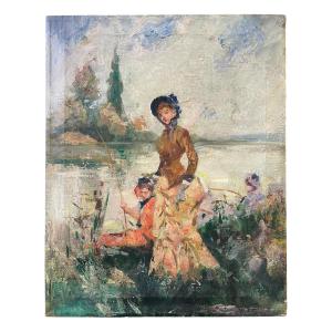 Élégantes à la pêche - Huile sur toile - Alessandro Lupo - Impressionnisme