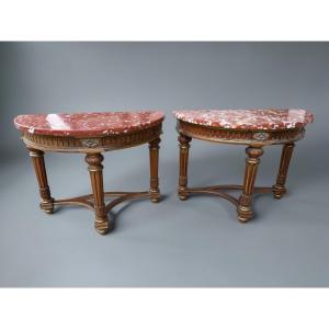 Paire de consoles demi lune en acajou de style Louis XVI