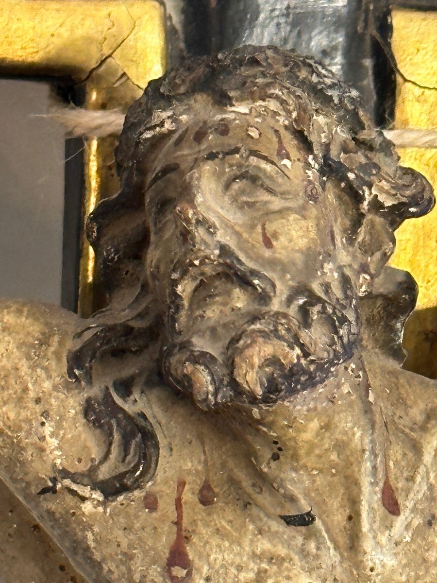 Crucifix En Bois Sculpté Polychrome, Travail Catalan XVIIIème-photo-3
