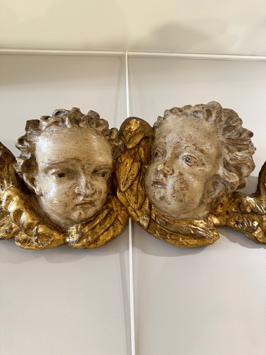 Paire De Têtes d'Anges En Bois Polychrome Et Doré Epoque Louis XIV-photo-4