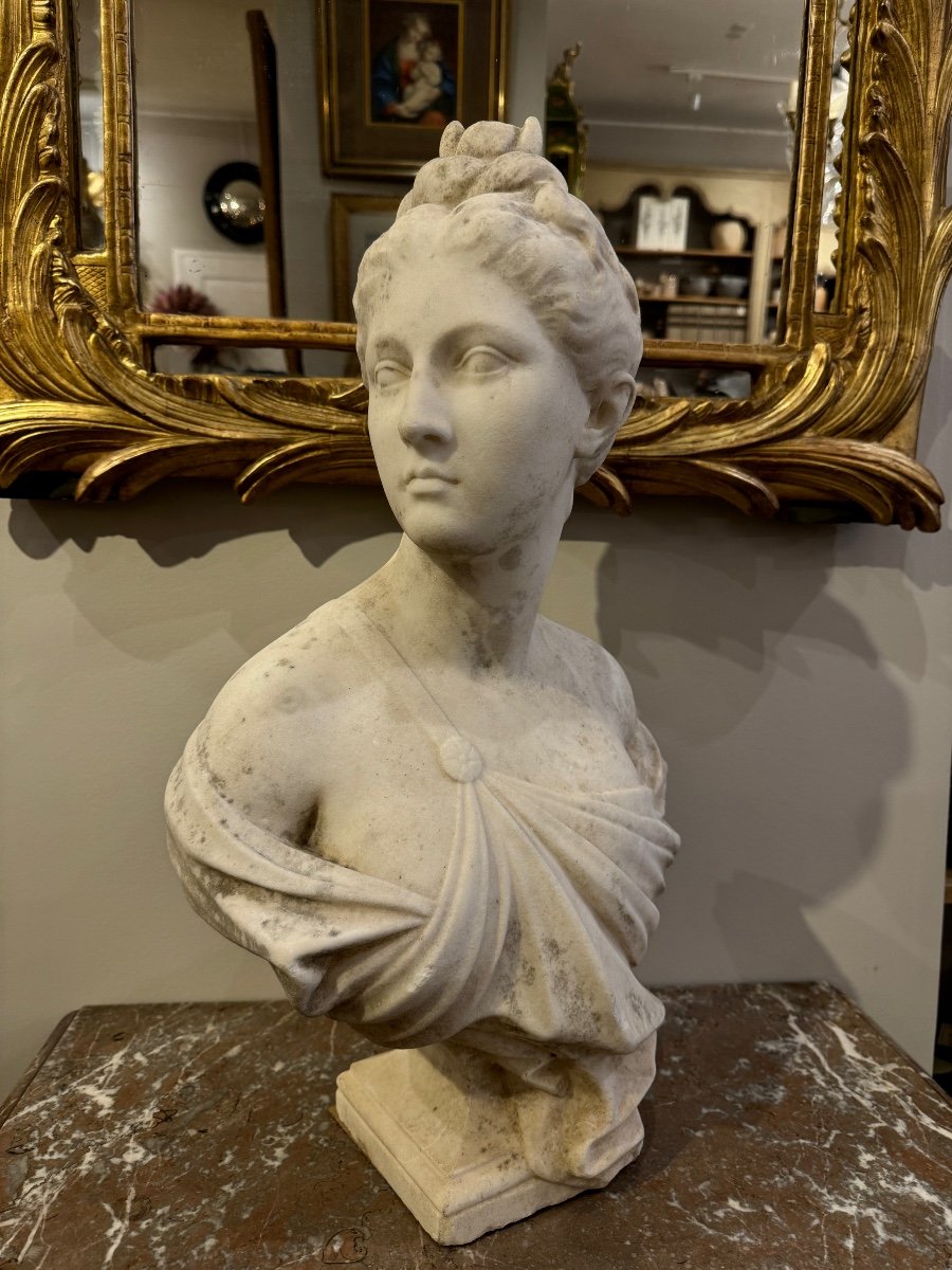 Buste De Diane En Marbre Blanc d'Après Houdon XIXème.-photo-2