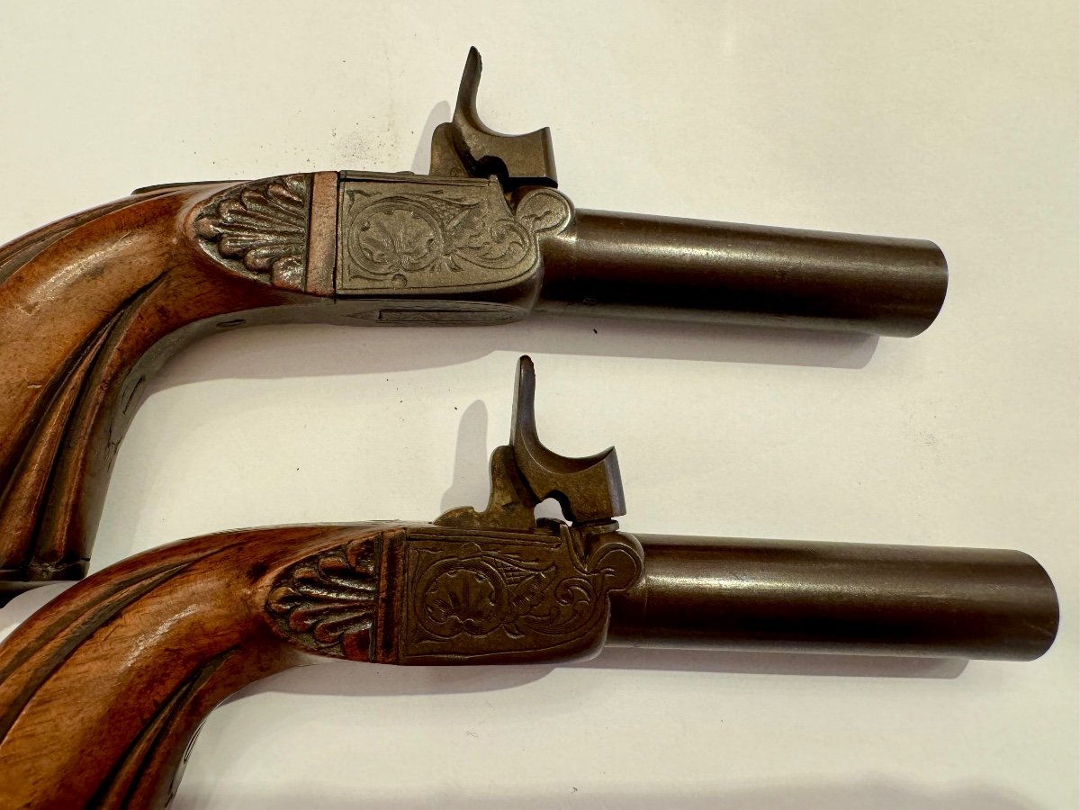 Paire De Pistolets à Coffre, Crosse Renaissance En Noyer Epoque XIXème-photo-5