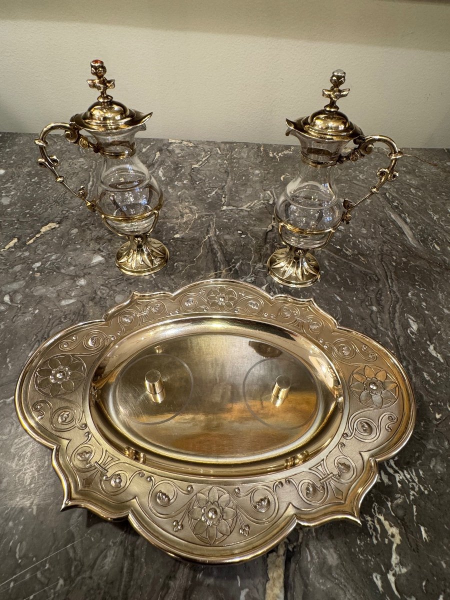 Pair Of Cruets With Their Tray In Sterling Silver Gilt. Triouillier & Fils Circa 1865.-photo-4