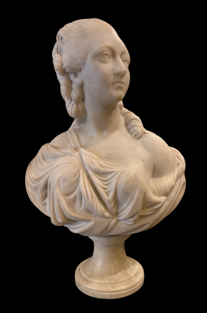 Bust Of The Countess Of Barry In White Marble. Late 19th Century.-photo-3