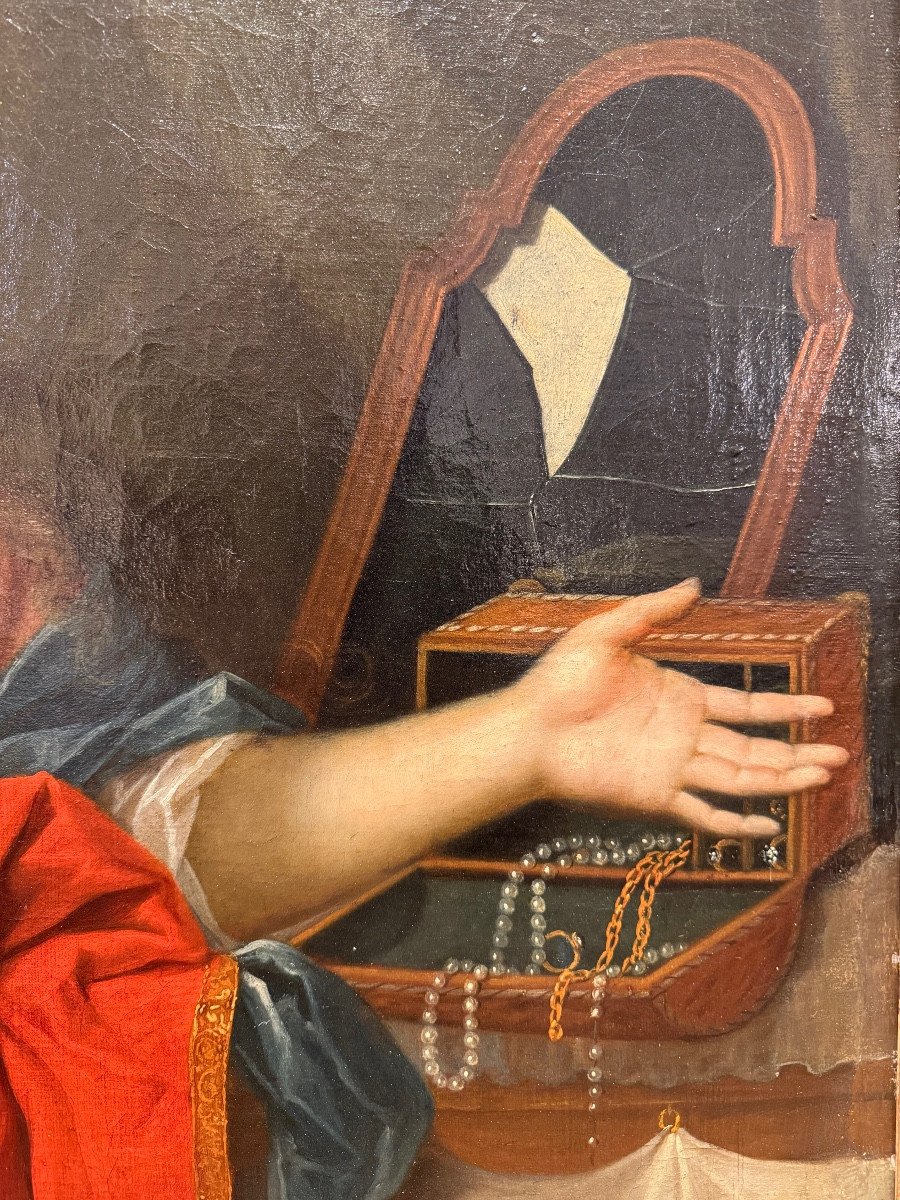 Ecole Française du XVIIIème "Femme éplorée devant sa boite à bijoux" HST 95x75cm-photo-1