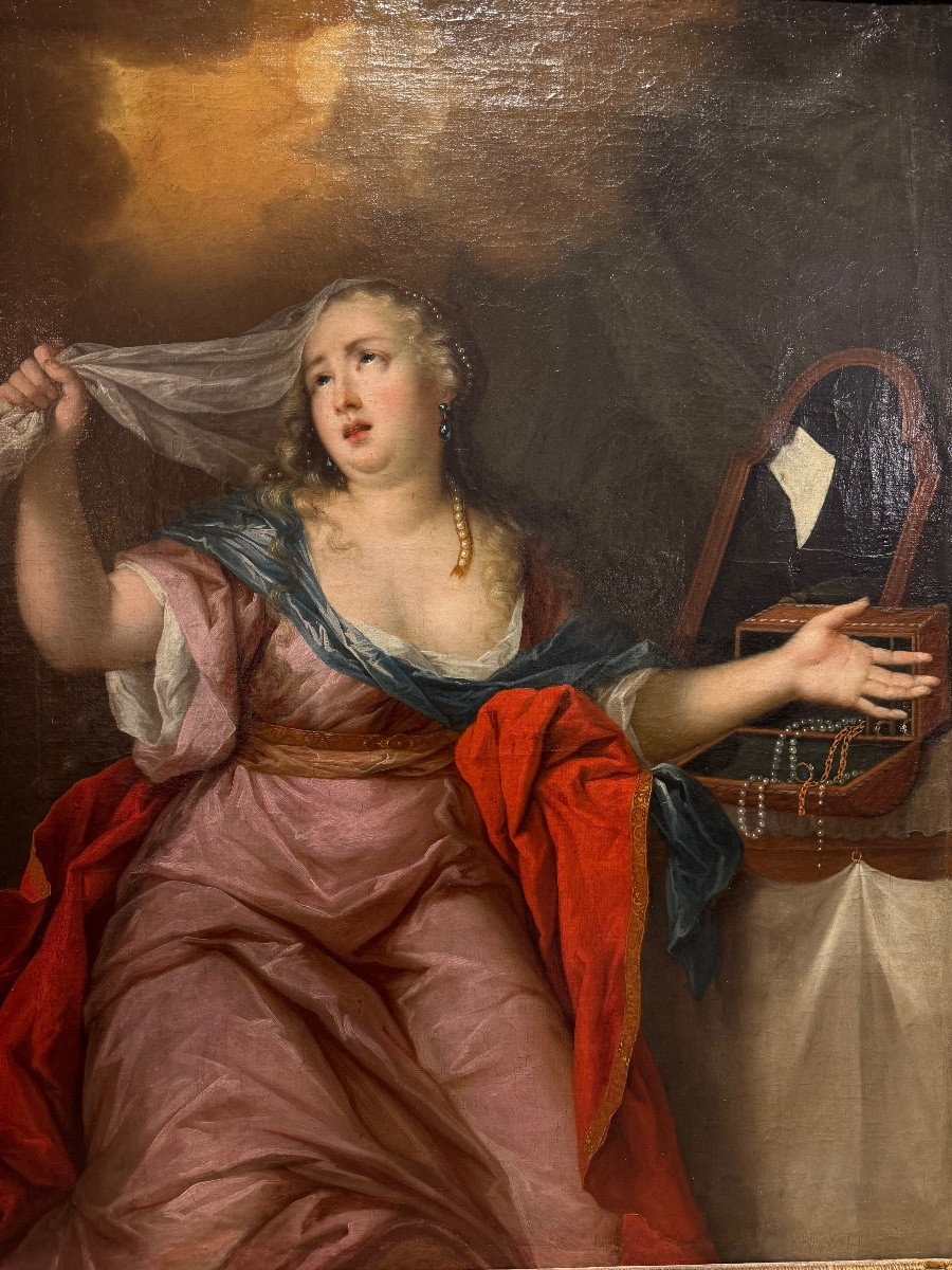 Ecole Française du XVIIIème "Femme éplorée devant sa boite à bijoux" HST 95x75cm