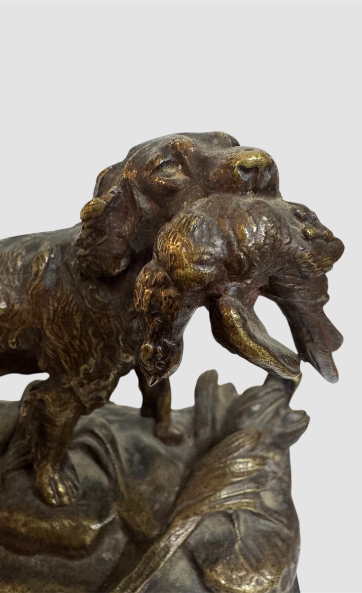 Bronze Animalier "Setter avec Faisan dans la Gueule" signe Lecourtier (1850-1924)-photo-1