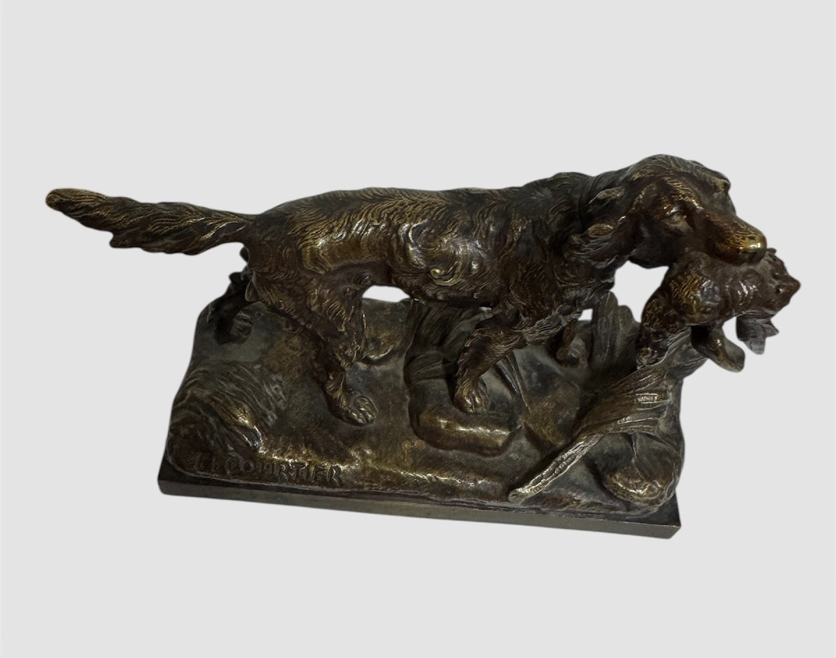 Bronze Animalier "Setter avec Faisan dans la Gueule" signe Lecourtier (1850-1924)-photo-3