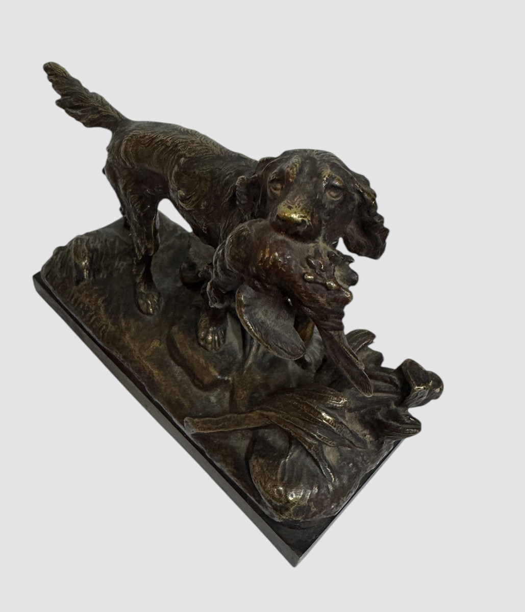 Bronze Animalier "Setter avec Faisan dans la Gueule" signe Lecourtier (1850-1924)-photo-4