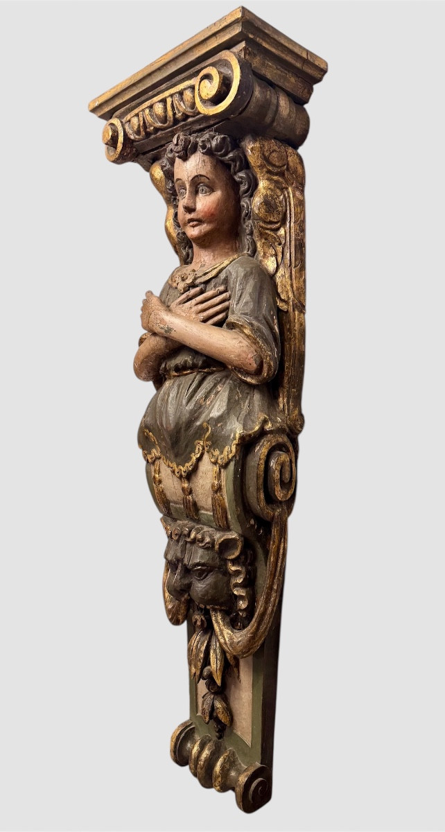 Ange en Terme. Elément de sculpture en bois polychrome et doré. Italie XVIIIème-photo-3