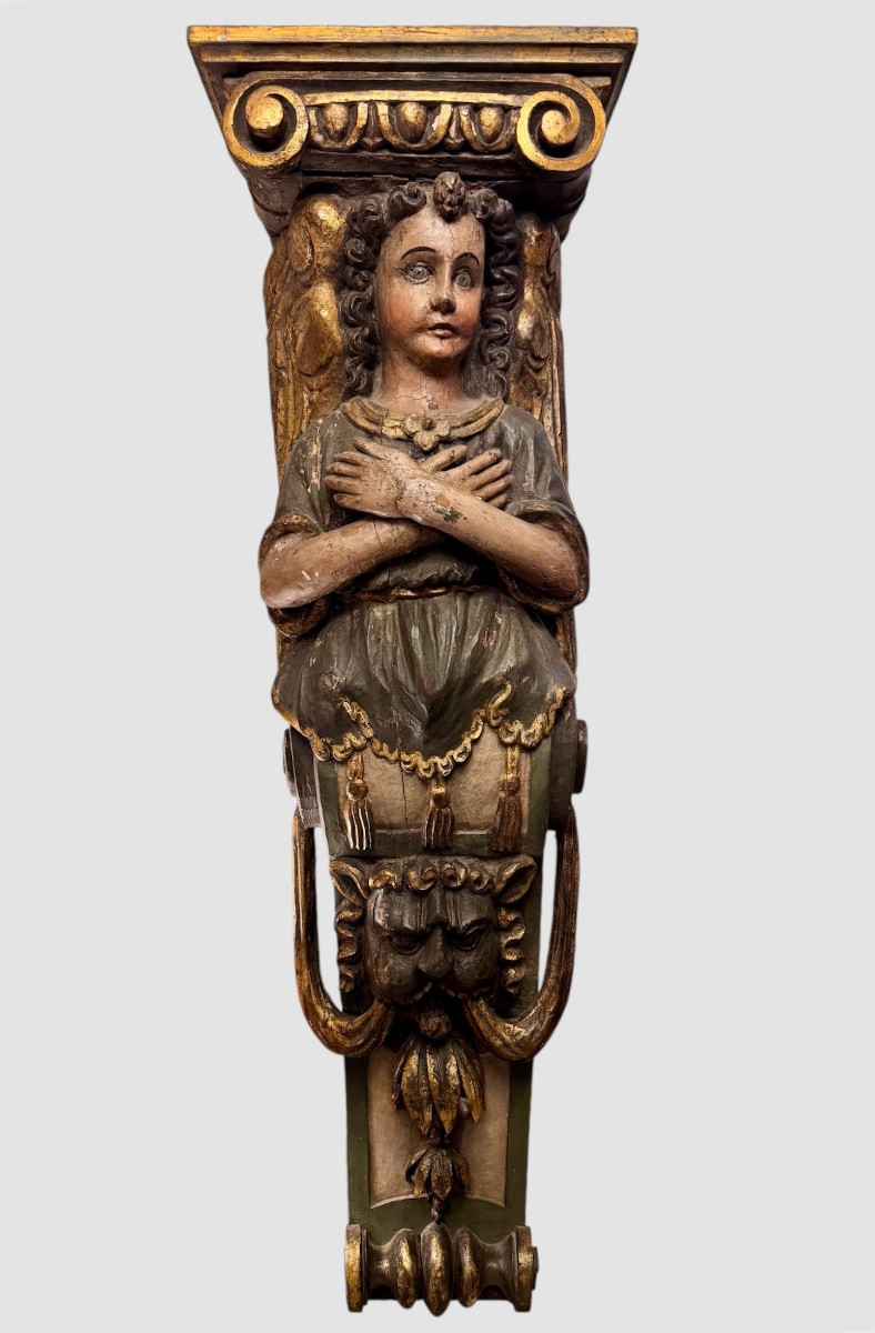 Ange en Terme. Elément de sculpture en bois polychrome et doré. Italie XVIIIème-photo-8