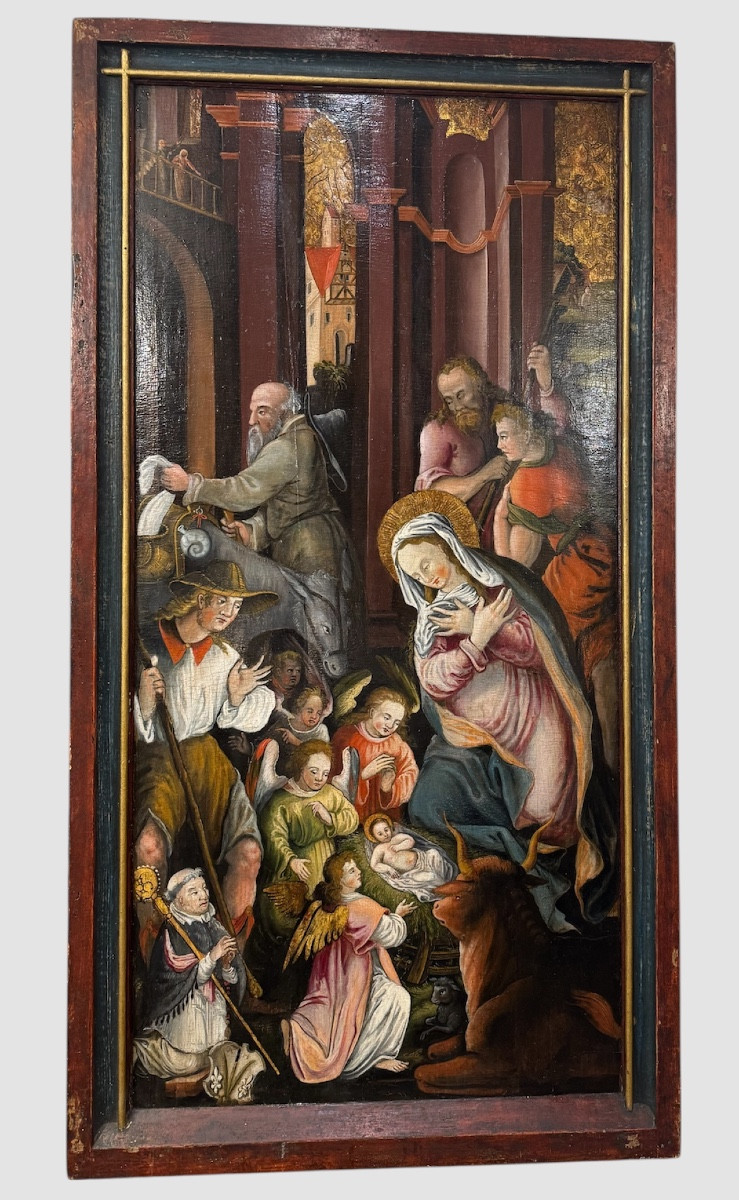 Northern School, 16th Century. Nativity Scene. Large Oil On Panel.