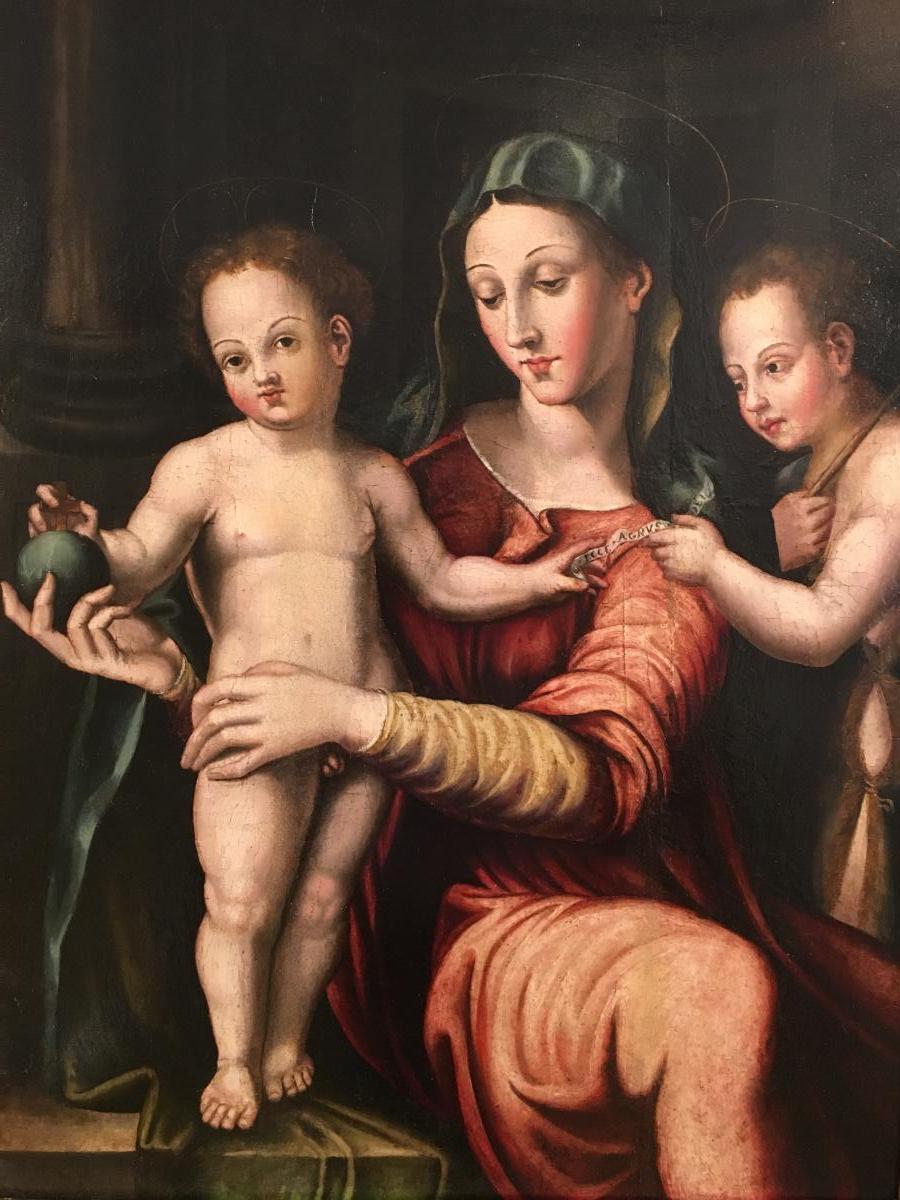 «Vierge à l’enfant, et le petit Saint Jean» Ecole Toscane du 16ème siècle -photo-2