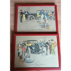 Paire d'Aquarelles Gouachées Signées René Vincent "Le Départ Et Le Retour De l'Ambusqué" 1915