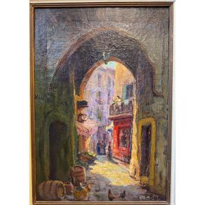 Grasse "Le vieux Passage" Rue de la Fontette. HST signée Primitif Bono (1880-1955).