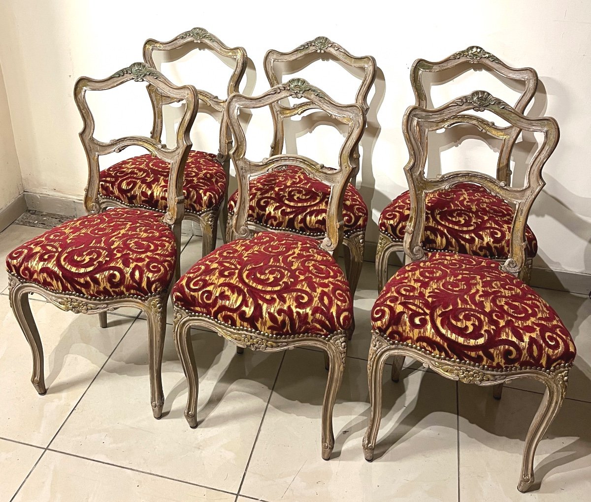 6 Chaises grises Rechampies Dorée De Style Louis XV-photo-2