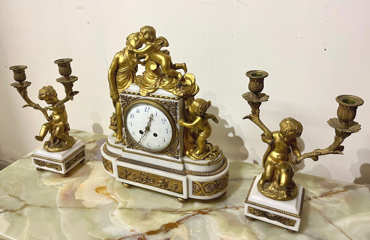 Garniture De Cheminée XIXème En Marbre Blanc Et Bronze Doré de Style Louis XVI-photo-2