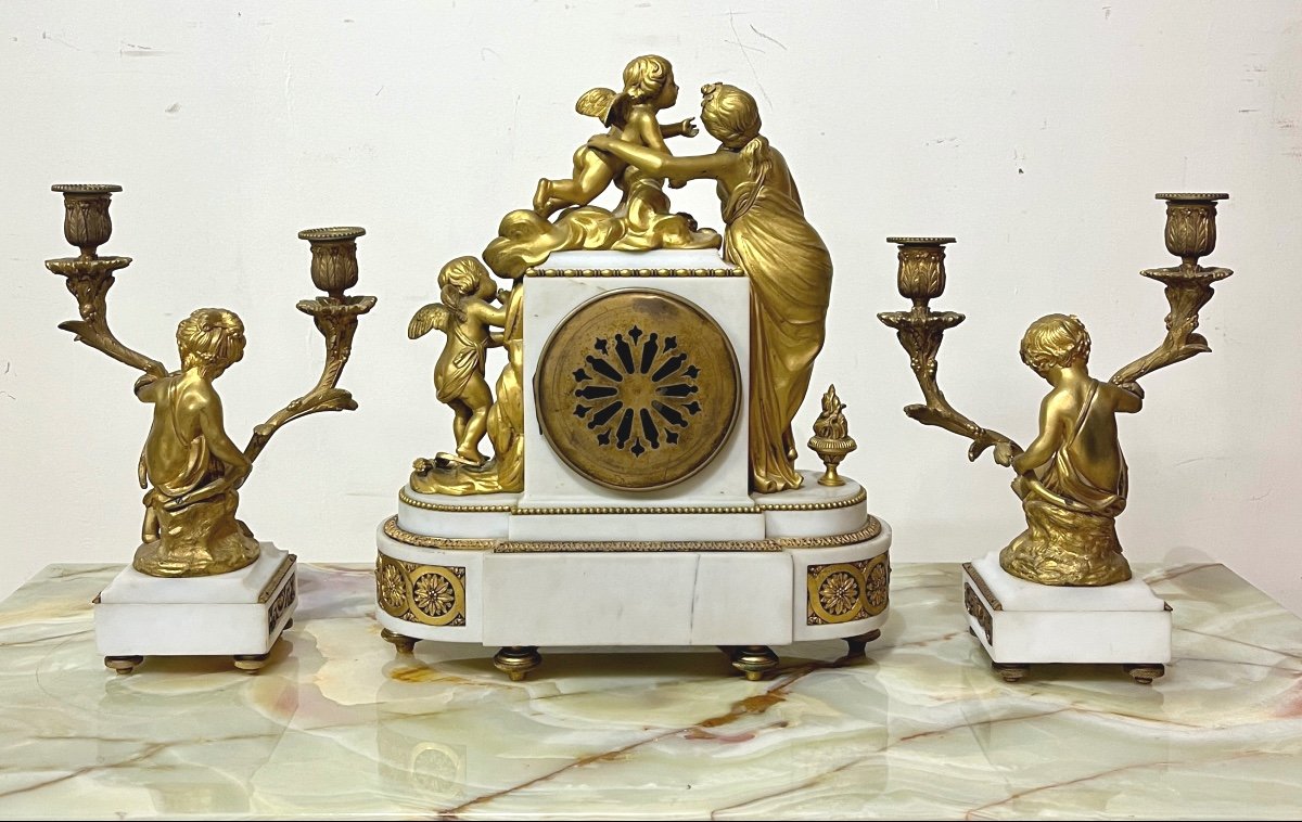 Garniture De Cheminée XIXème En Marbre Blanc Et Bronze Doré de Style Louis XVI-photo-4