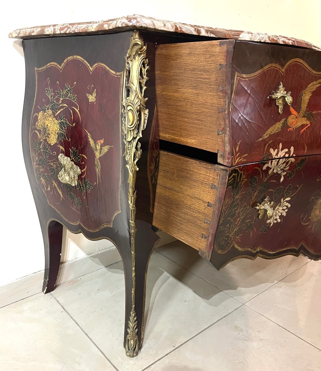 Louis XV Style Chinese Lacquer Chest Of Drawers Gilt Bronze And Marble Top-photo-2