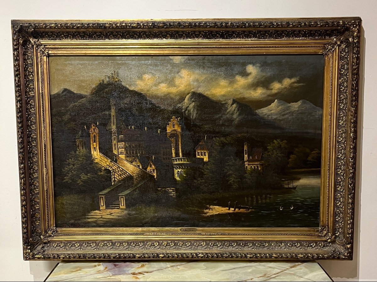 Tableau Chateau Au Paysage Montagneux, huile sur toile-photo-2