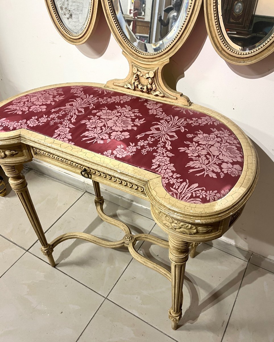 Coiffeuse Style Louis XVI En Bois Sculpté Patiné Ivoire-photo-3