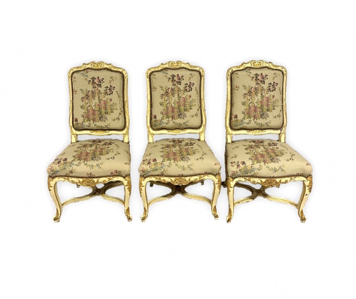 Ensemble De 6 Chaises  De Style Louis XV / Régence En Bois Laqué Beige Et Rechampi Doré-photo-3