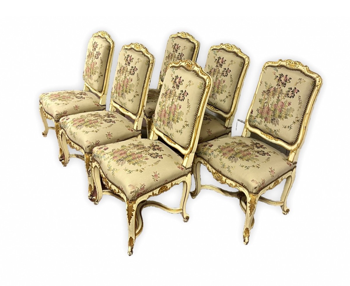 Ensemble De 6 Chaises  De Style Louis XV / Régence En Bois Laqué Beige Et Rechampi Doré-photo-4