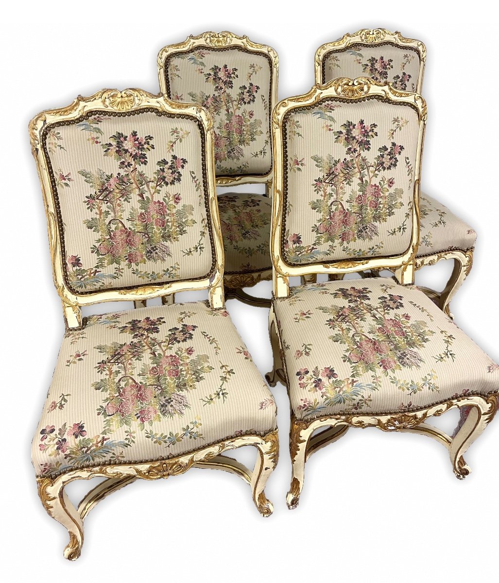 Ensemble De 6 Chaises  De Style Louis XV / Régence En Bois Laqué Beige Et Rechampi Doré-photo-4