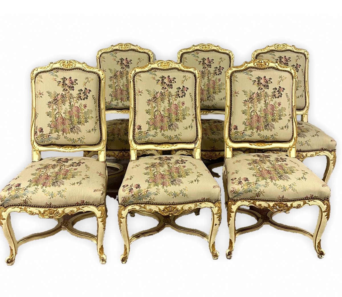 Ensemble De 6 Chaises  De Style Louis XV / Régence En Bois Laqué Beige Et Rechampi Doré-photo-5