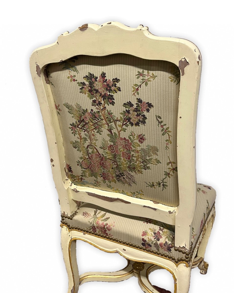 Ensemble De 6 Chaises  De Style Louis XV / Régence En Bois Laqué Beige Et Rechampi Doré-photo-6