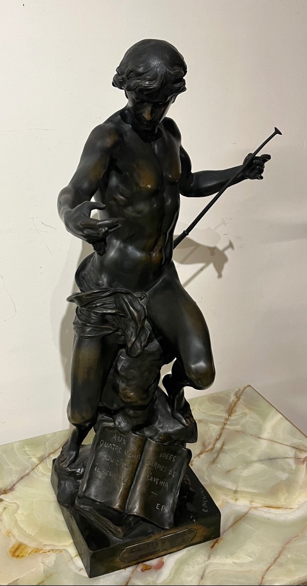 Grande Statue En Bronze E. Picault "Le semeur d'idées"-photo-2