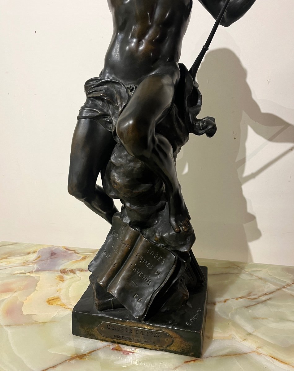 Grande Statue En Bronze E. Picault "Le semeur d'idées"-photo-4